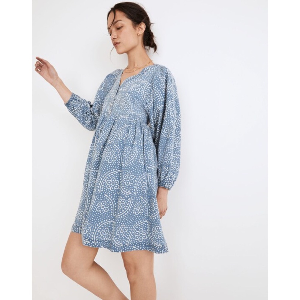Madewell Dress Large Mini Shift Pockets Bubble Sleeves Paisley Block Print Blue